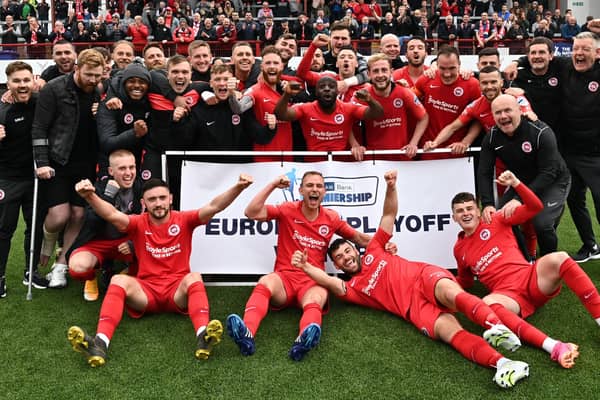 Larne celebrate winning Saturday's European play-off final. Pic Colm Lenaghan/Pacemaker
