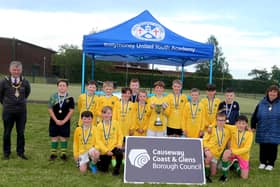Dunloy FC, section 1 winners of Pappy’s Bakery Friendship Soccer League pictured with the Mayor of Causeway Coast and Glens Borough Council Alderman Mark Fielding and the Mayoress, Mrs Phyllis Fielding