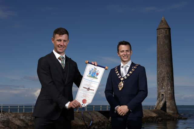 Dr Jonathan Rea MBE and the outgoing Mayor Of Mid and East Antrim Cllr Peter Johnston