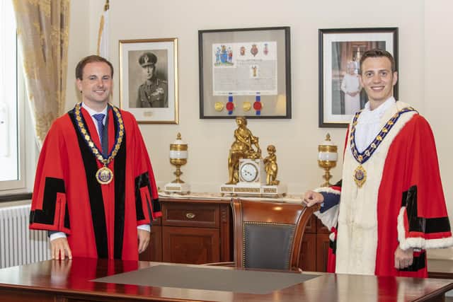 Outgoing Mid and East Antrim Deputy Mayor Cllr Andrew Wilson and Mayor Cllr Peter Johnston.