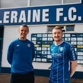 Oran Kearney welcomes Rodney Brown back to Coleraine.   PICTURE: DAVID CAVAN