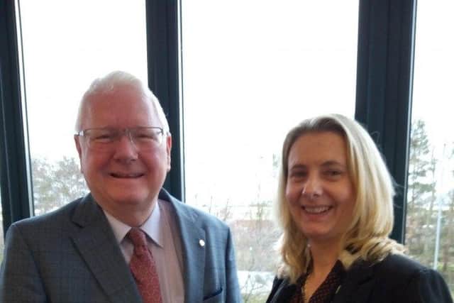 James Perry MBE congratulates Deborah Fitzsimmons on her appointment as Enterprise Manager in the Ballymena Business Centre