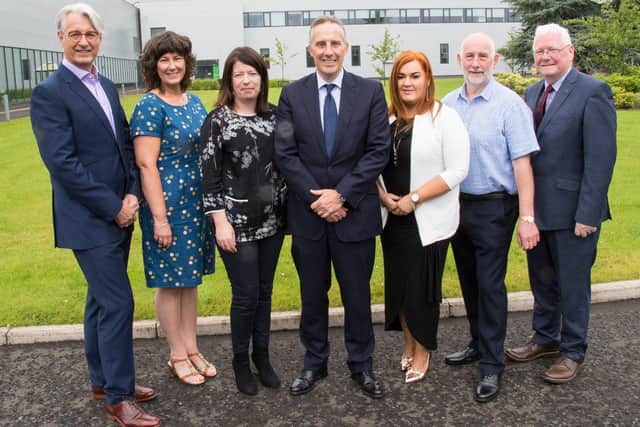 The current Board of The Gallaher Trust (LtoR) Mark Nodder OBE, Karen Reynolds, Jacqueline Williamson MBE, Ian Paisley MP, Anne Donaghy OBE, Pat McCallion and James Perry MBE