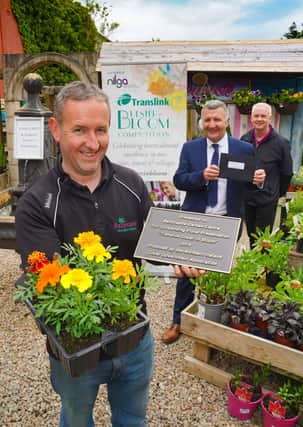 Pictured receiving the Outstanding plant and floral presentation Award was Ballycastle Garden Centre (Causeway Coast and Glens Borough Council) were Left to Right- Michael Magee (Ballycastle Garden Centre), Sam Todd (Translink) and Cllr Dermot Nicholl (NILGA).