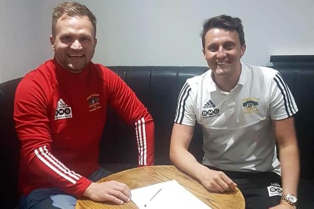 Ryan Harpur (left) has signed a two-year deal to join Annagh United. Also included is Annagh boss Ciaran McGurgan. Pic courtesy of Annagh United FC.