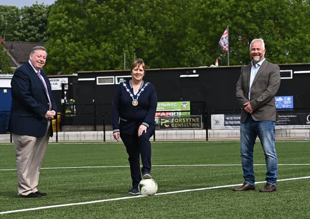 Alderman Paul Porter, Former Chairman of the Corporate Services Committee; Cllr Jenny Palmer, Outgoing Deputy Mayor and Phil Trimble, Chair of Ballymacash Sports Academy.