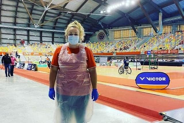 Sinead pictured in her 'working clothes' at a competition during the pendemic