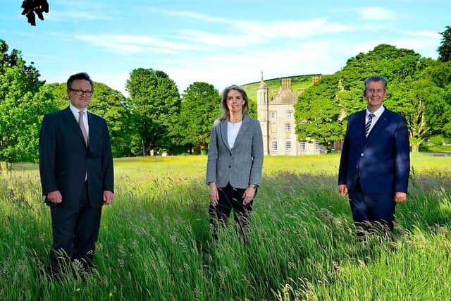 DAERA Minister Edwin Poots pictured with Viscount Randal Dunluce and Lady Aurora Dunluce at Glenarm Castle.