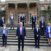 Pictured at Hillsborough Castle and Gardens following the announcement by The Rt Hon Brandon Lewis MP, Secretary of State for Northern Ireland that Hillsborough has received Royal Status are: (front l-r) David Burns, Chief Executive, Lisburn & Castlereagh City Council; the Mayor, Councillor Hon Nicholas Trimble; The Rt Hon Sir Jeffrey Donaldson MP; Laura McCorry, Head of Hillsborough Castle and Gardens. (back l-r) Alderman Paul Porter, Alderman Owen Gawith; Councillor Scott Carson; Alderman James Tinsley and Dr Ciaran Toal, Research Officer, Irish Linen Centre and Lisburn Museum