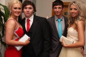Courtney Cooke and Holie Sargent, with their partners Andrew Totton and Corey Wilson, arriving for the Lisneal College annual formal dinner in the Everglades Hotel. INLS 1248-524MT.
