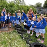 Arlene Foster met staff and pupils of Creavery Primary recently in what was one of her last community engagements as First Minister and joined them in plant a tree marking the Centenary of Northern Ireland
Photo by Stephen Hamilton /  Press Eye