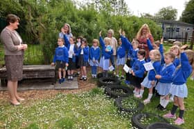 Arlene Foster met staff and pupils of Creavery Primary recently in what was one of her last community engagements as First Minister and joined them in plant a tree marking the Centenary of Northern Ireland
Photo by Stephen Hamilton /  Press Eye