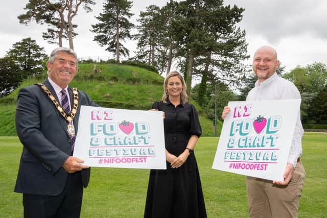Pictured (L-R): The Mayor of Antrim and Newtownabbey, Councillor Billy Webb, Castle Mall Centre Manager, Pamela Minford and Events & Operations Manager of Urban Events NI, Thomas Ferris, launch Antrim's  first ever Food & Craft Festival.