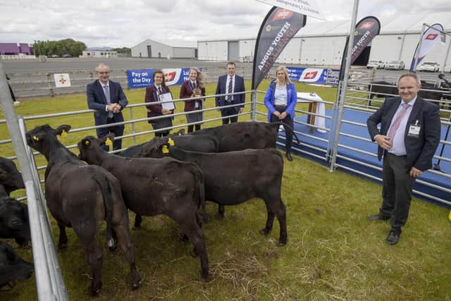 Dalriada School pupils Victoria Currie and Lois McCurdy receive their Angus cross calves to rear and are pictured with Martin McKendry, CAFRE College Director, George Mullan, ABP Managing Director, mentor Rachel Megarrell from CAFRE and Charles Smith, NI Angus Producer Group. Missing from the team is Ivanna Strawbridge