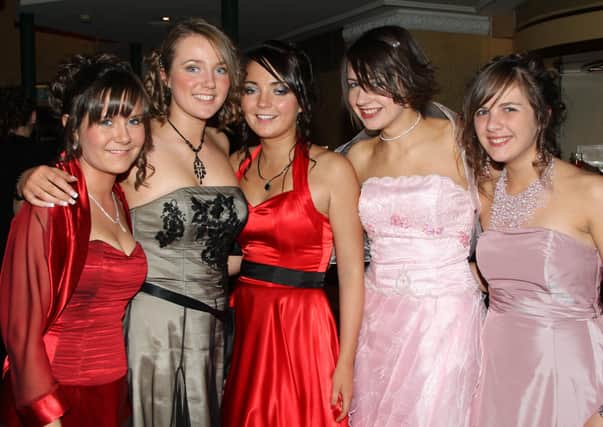 Maria McGinn, Aoibhin Gormley, Cliona Gormley, Amy Cochrane and Aideen Butler at the Cross & Passion College formal in the Tullyglass House Hotel, Ballymena. BM44-700JC