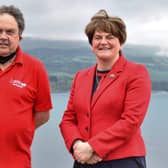 Grahame Todd, owner of Spar Ballygally, with former First Minister Arlene Foster.