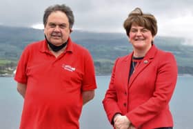 Grahame Todd, owner of Spar Ballygally, with former First Minister Arlene Foster.