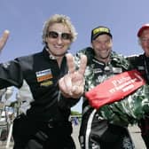 The IOM TT Superstock winner in 2007 was Bruce Anstey. He is pictured with his Northern Ireland Relentless TAS Suzuki owners Hector and Philip Neill. Picture: Gavan Caldwell/News Letter archives