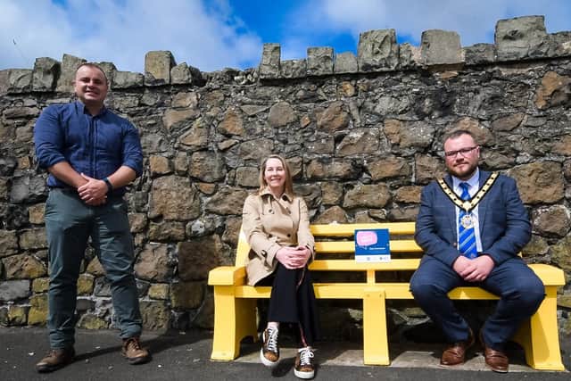 Paul Mawhinney, parks manager Mid and East Antrim Borough Council, Sonia McCrory and the Deputy Mayor, Councillor Matthew Armstrong, unveiling the Chatty Bench in Larne.