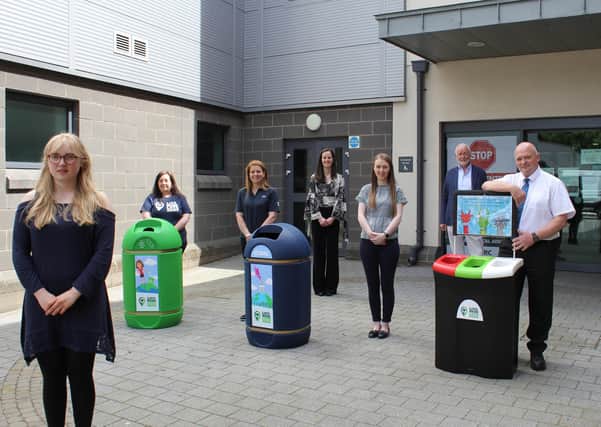 Mollie Richardson, Level 3 Media student whose designs appear on the babbling bins, Nicola Fitzsimons, Live Here Love Here, Tracey Connolly, LCCC, Natasha Lloyd, SERC,  Grace Lundy, Translink, and Terence Brannigan, SERC Entrepreneur in Residence and Mark Glover, Translink.