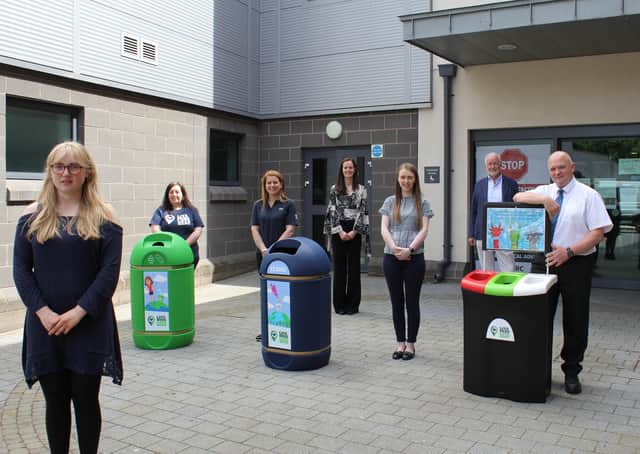 Mollie Richardson, Level 3 Media student whose designs appear on the babbling bins, Nicola Fitzsimons, Live Here Love Here, Tracey Connolly, LCCC, Natasha Lloyd, SERC, Grace Lundy, Translink, and Terence Brannigan, SERC Entrepreneur in Residence and Mark Glover, Translink.