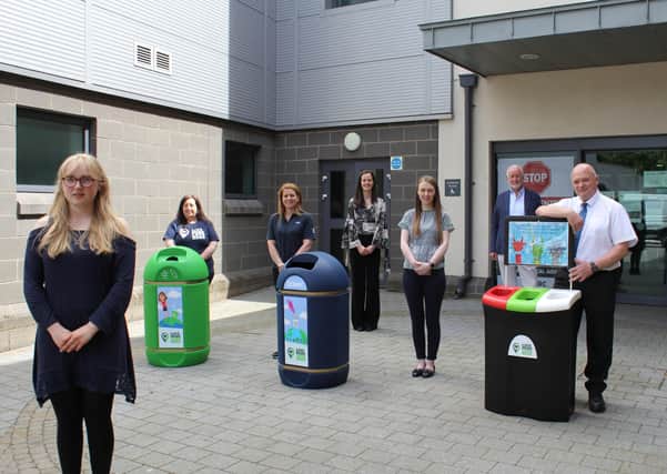 Media student Mollie Richardson whose designs appear on the babbling bins with Nicola Fitzsimons, Live Here Love Here, Tracey Connolly, LCCC, Natasha Lloyd, SERC,  Grace Lundy, Translink, and Terence Brannigan, SERC and Mark Glover, Translink