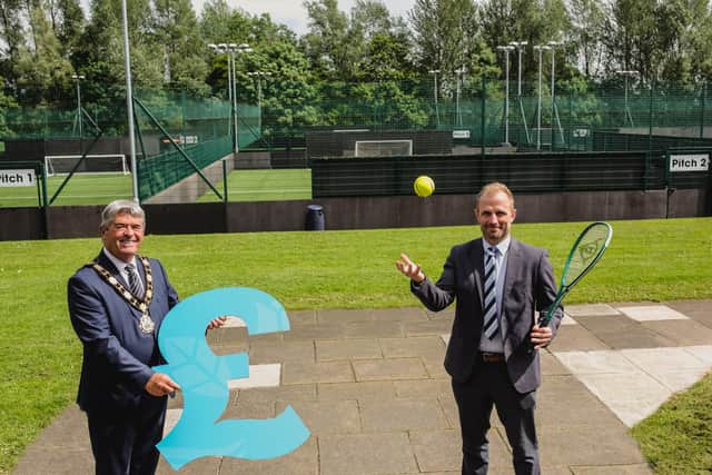 Mayor of Antrim and Newtownabbey, Cllr Billy Webb launches this year's leisure grants with Deputy Director of Parks and Leisure, Matt McDowell.