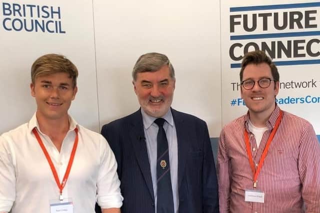 Matt O'Neill (right) on the Future Leaders Connect progamme in 2019 with fellow Northern Ireland delegate Kain Craigs and Baron Alderdice
