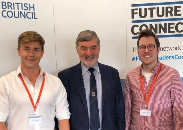 Matt O'Neill (right) on the Future Leaders Connect progamme in 2019 with fellow Northern Ireland delegate Kain Craigs and Baron Alderdice