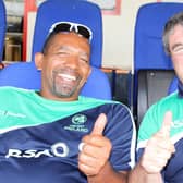 Thumbs up from former Ireland coach Phil Simmons and the late great Ireland manager Roy Torrens. Picture by Barry Chambers