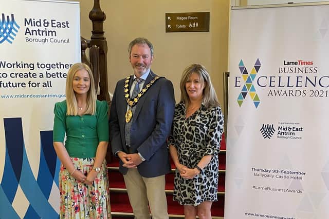 Catherine Henderson, LEDCOM with the Mayor of Mid and East Antrim Borough Council, Councillor William McCaughey and Grace Clements, jpimedia.