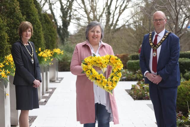 In April the then mayoral team of Antrim and Newtownabbey, Councillor Jim Montgomery and Councillor Noreen McClelland presented Brenda Doherty with a floral wreath in remembrance of all those who have lost their lives during the pandemic.