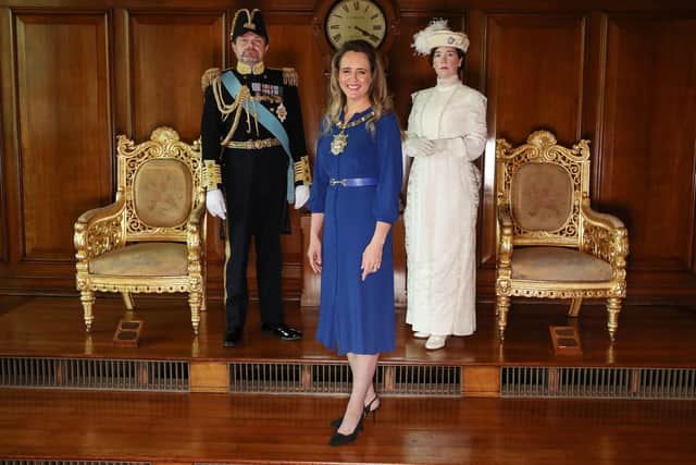 Belfast Lord Mayor Councillor Kate Nicholl  with actors Stephen Beggs as King George V and Mary Lindsay as Queen Mary at a special event held at City Hall  to mark 100 years since the Royal couple visited the iconic building, and King George V opened Northern Ireland’s first parliament