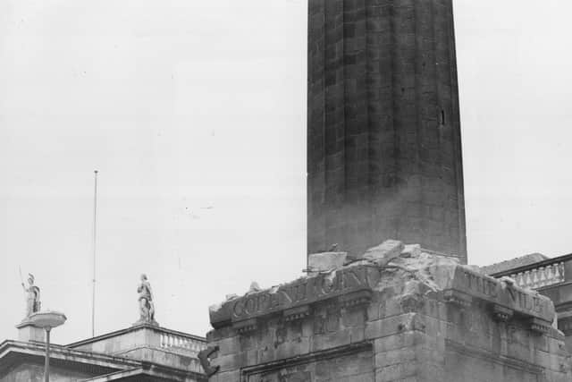 The remainder of Nelson's Pillar in the centre of O'Connell Street, Dublin, after it was demolished by an explosion, during the 50th anniversary year of the 1916 Easter Rising.   (Photo by Keystone/Getty Images)