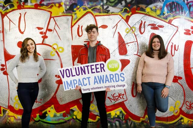 Pictured launching the Volunteer Now's  brand-new Volunteer Now Impact Awards awards are young volunteers (L-R) Eva Moroza, Padraig Gribbin and Emma Greer from Cullybackey