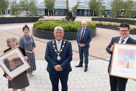 (L-R): Marianne Crossle, Fundraising Officer, Cahoots NI; Sarah Mackey, Executive & Business Support, Arts & Business NI; Councillor Billy Webb, Mayor of Antrim and Newtownabbey; John Blair MLA, Alliance Party and; Chris Flynn, Centre Director, The Junction - Retail & Leisure Park.
