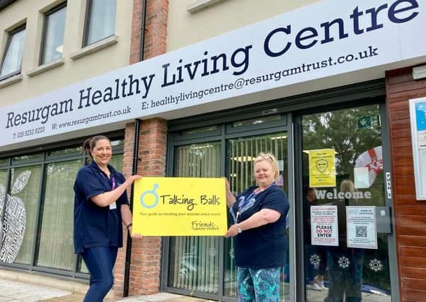 Nichola Smyth and Tracey Latimer at Resurgam Healthy Living Centre supporting the 'Talking Balls' campaign