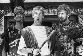1979: Members of the British comedy team, Monty Python, during the filming of their controversial film 'The Life of Brian', (from left) John Cleese, Michael Palin and Graham Chapman. (Photo by Evening Standard/Getty Images)