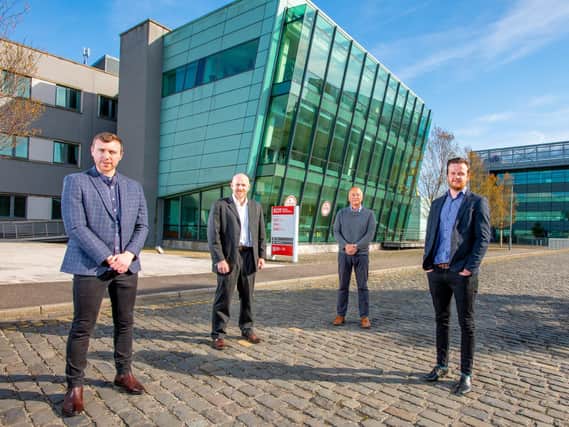 From left: Oisin Lappin of QUBIS, Dr Gareth Conway of AntennaWare, Hal Wilson of Techstart Ventures, and Dr Matthew Magill of AntennaWare.