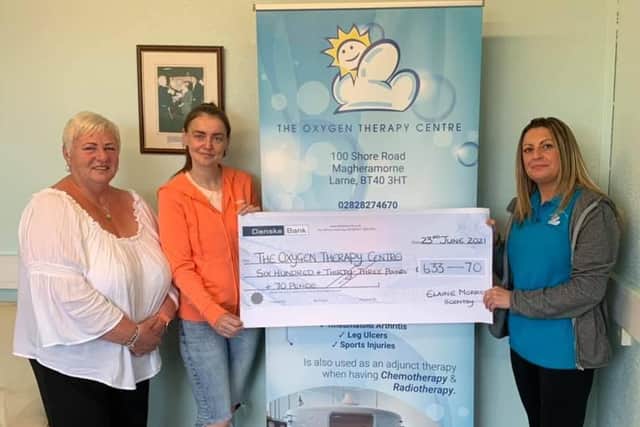 Karen Kidd’s mum Rhonda Girvin and friend Elaine Morrow presented a cheque for £635 to Vickie Shaw (OTC manager).