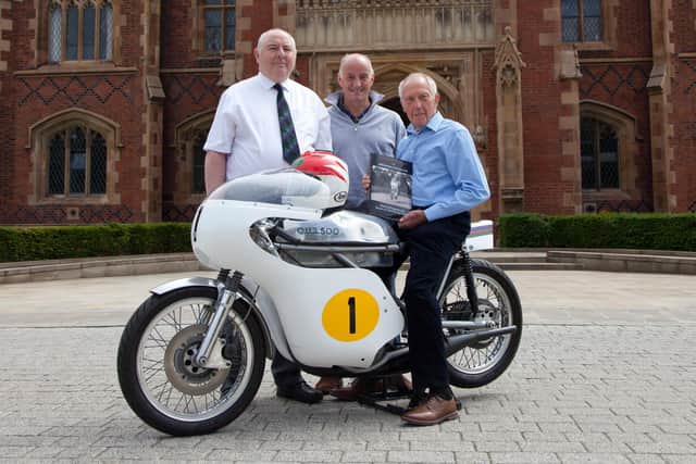 The QUB Mechanical Engineering team reunited with Professor Robert Fleck, Doctor Robert Key and Ray McCullough with the iconic QUB 500 which was designed and built at the University. (photo credit Paul McClean)