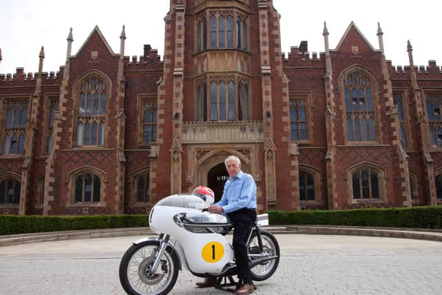 Ray McCullough pictured at Queens University Belfast on his QUB 500 machine (photo credit Paul McClean)