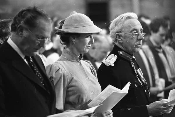 Princess Alexandra stands for hymn singing beside Secretary of State Humphrey Atkins, left, and the Lord Lieutenant for Belfast Lord Glentoran during the consecration service in St Anne's Cathedral in June 1981. Picture: Trevor Dickson/News Letter archives