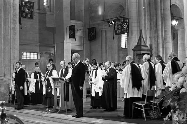 Pictured during the service at St Anne's in June 1981 are the Bishop of Connor, the Right Reverend Dr Arthur Butler, and the Dean of Belfast, the Very Reverend Samuel Crooks. Picture: Trevor Dickson/News Letter archivesv