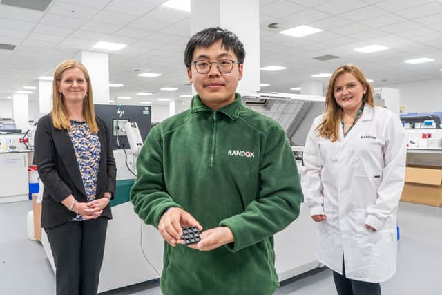 Dr. Valerie Hinch, Ulster University, Biomedical Science Student Reese Chan and Randox Training Specialist Elizabeth Ferguson