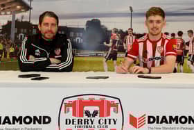 Derry City manager Ruaidhri Higgins and new signing Jamie McGonigle after the striker completed his move from Crusaders on a three and a half year deal. Photograph by George Sweeney.