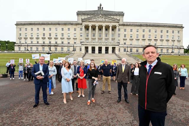 Damian Murphy (front right), chair of the Association of Northern Ireland Travel Agents), and representatives from the travel trade  met with MLAs including (from left) Mike Nesbitt (UUP), Sinead McLaughlin (SDLP), Caoimhe Archibald (Sinn Fein) and Stewart Dickson (Alliance) at Stormont to lobby for the payment of support grants promised to travel agents back in March 2021 and the reopening of international travel.