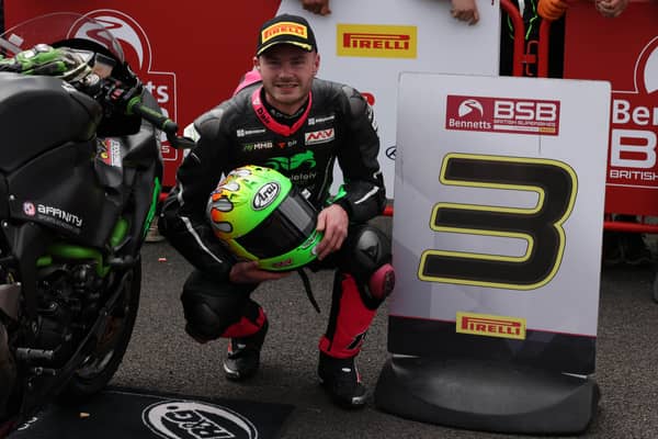 Eugene McManus finished on the rostrum in third place at Oulton Park in the opening Pirelli National Junior Superstock race of the season. Picture: Bonnie Lane.