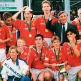 Manchester United players celebrate Milk Cup victory in 1991 - the English giant's first in the competition. Pic courtesy of SuperCupNI.