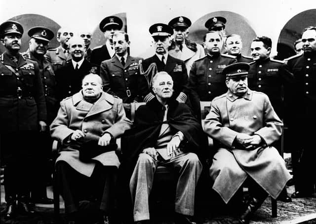 Winston Churchill (left) with Franklin D Roosevelt (centre) and Josef Stalin with their advisers at the Yalta Agreement talks February 1945. The agreement was instrumental to the partitioning of Germany and the inception of the United Nations. Picture: PA News